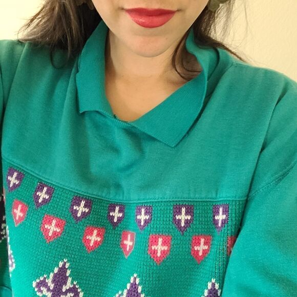 The Classics by Lauren Brooks 38 18W teal collared pullover sweater 80's vintage - Picture 2 of 7